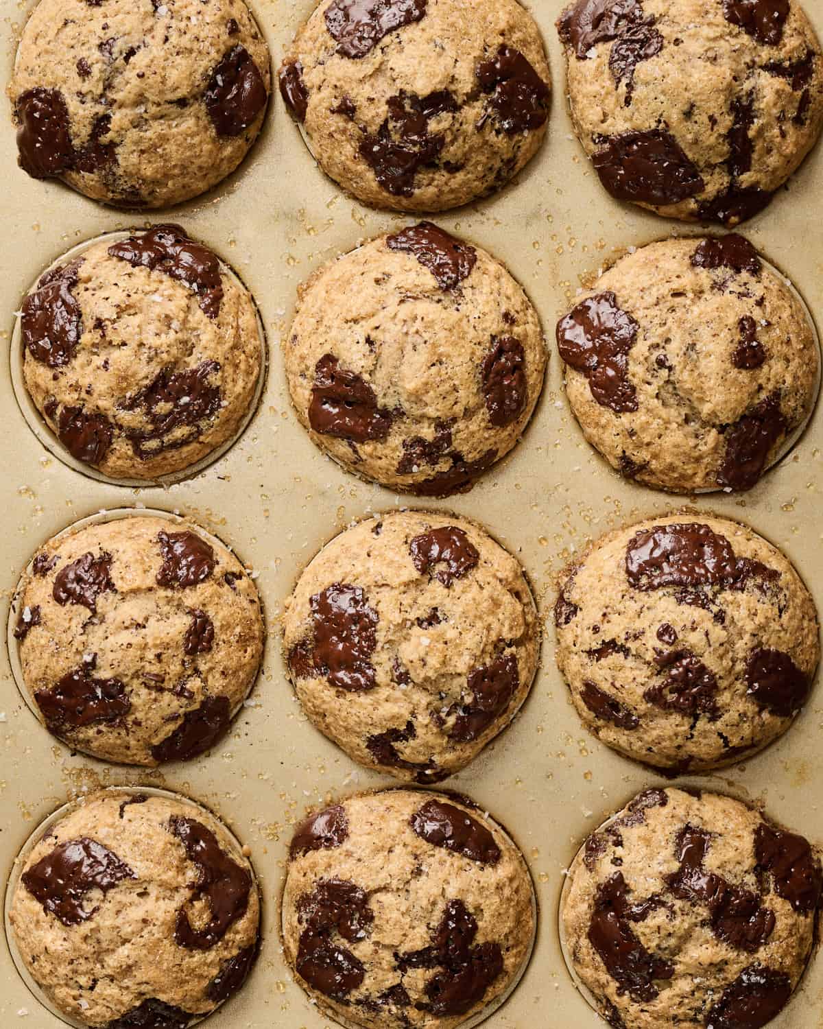 Overhead view of baked muffins in pan.