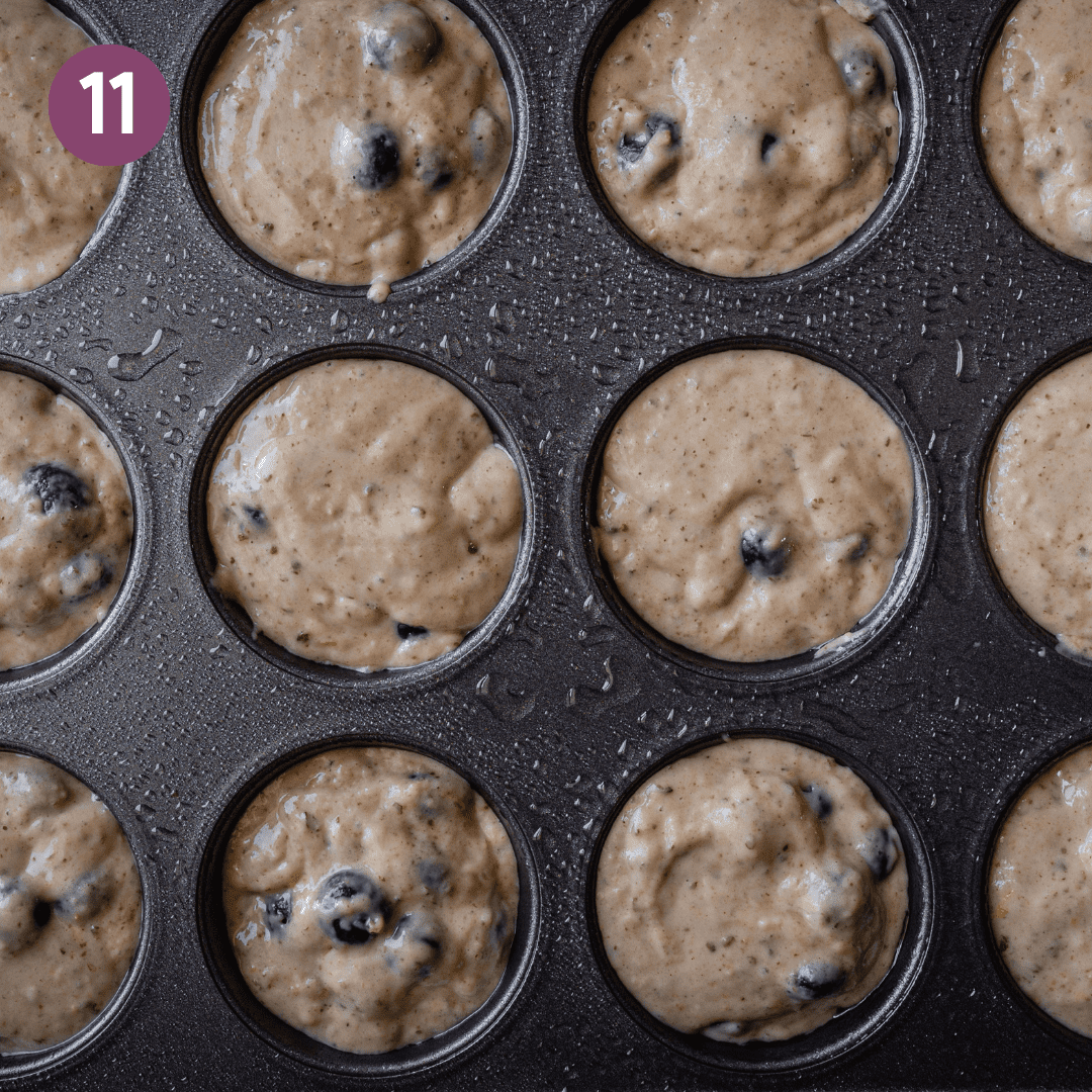 vegan blueberry muffin batter scooped all the way to the top of muffin tins.