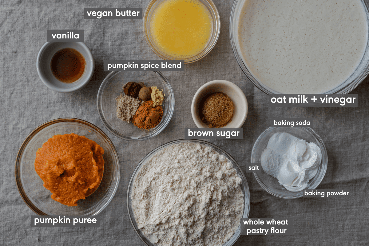 ingredients for vegan pumpkin pancakes with ingredients labeled